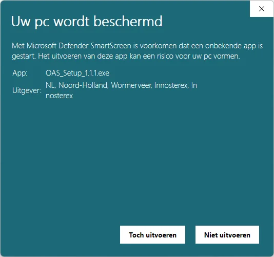 Microsoft Defender SmartScreen na Meer informatie, met Innosterex als uitgever en de knop Toch uitvoeren.