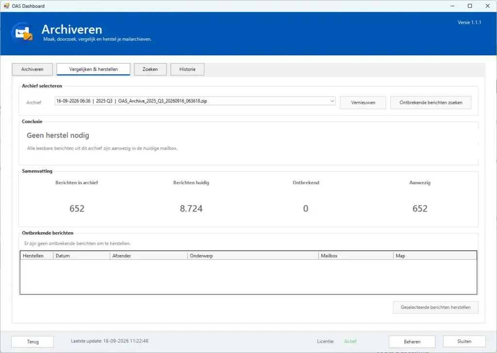 OAS vergelijkt een e-mailarchief met de huidige Outlook-mailbox