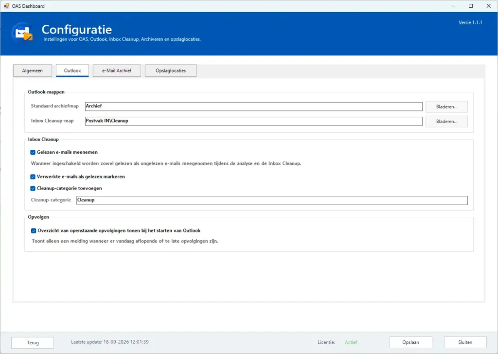Outlook-instellingen voor Inbox Cleanup, archiveren en opvolgen in OAS