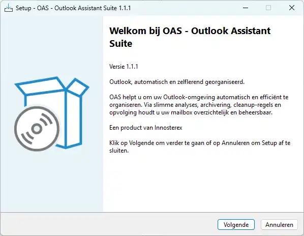 Welkomstscherm van de OAS Outlook Assistant Suite installatie