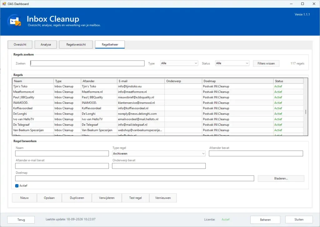 OAS Inbox Cleanup regelbeheer voor automatische verwerking van e-mail