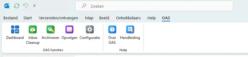 OAS Outlook-invoegtoepassing met Dashboard, Inbox Cleanup, Archiveren, Opvolgen en Configuratie
