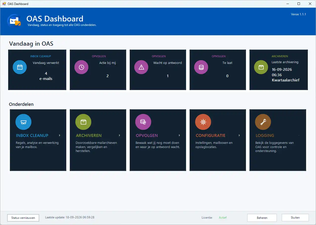 OAS Dashboard met Inbox Cleanup, Archiveren en Opvolgen