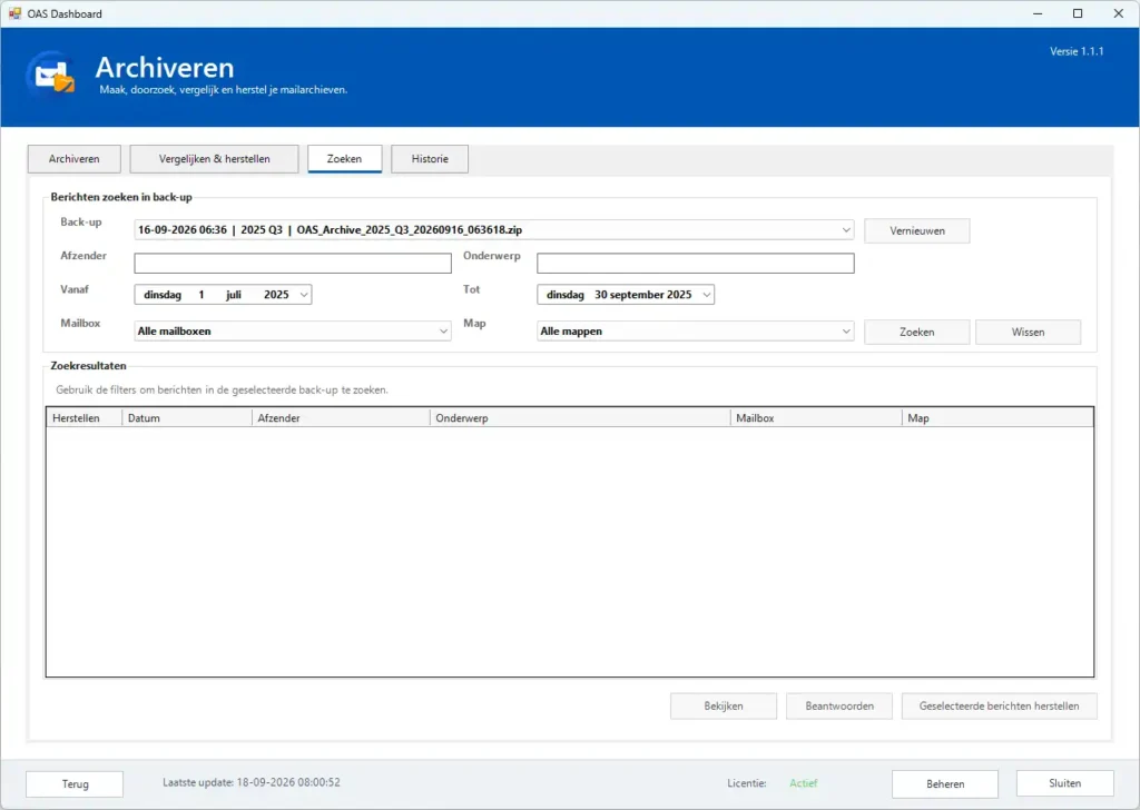 E-mail archiveren in Outlook en gearchiveerde berichten vergelijken en herstellen met OAS