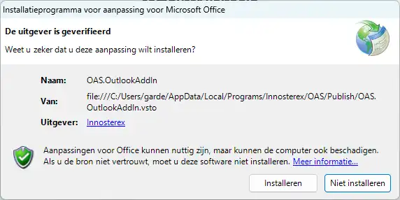 Microsoft Office installatievenster voor de OAS Outlook-invoegtoepassing met geverifieerde uitgever Innosterex