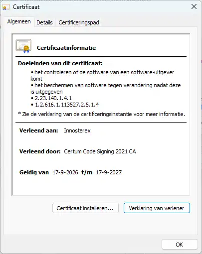 Code signing certificaat van Innosterex voor OAS Outlook Assistant Suite