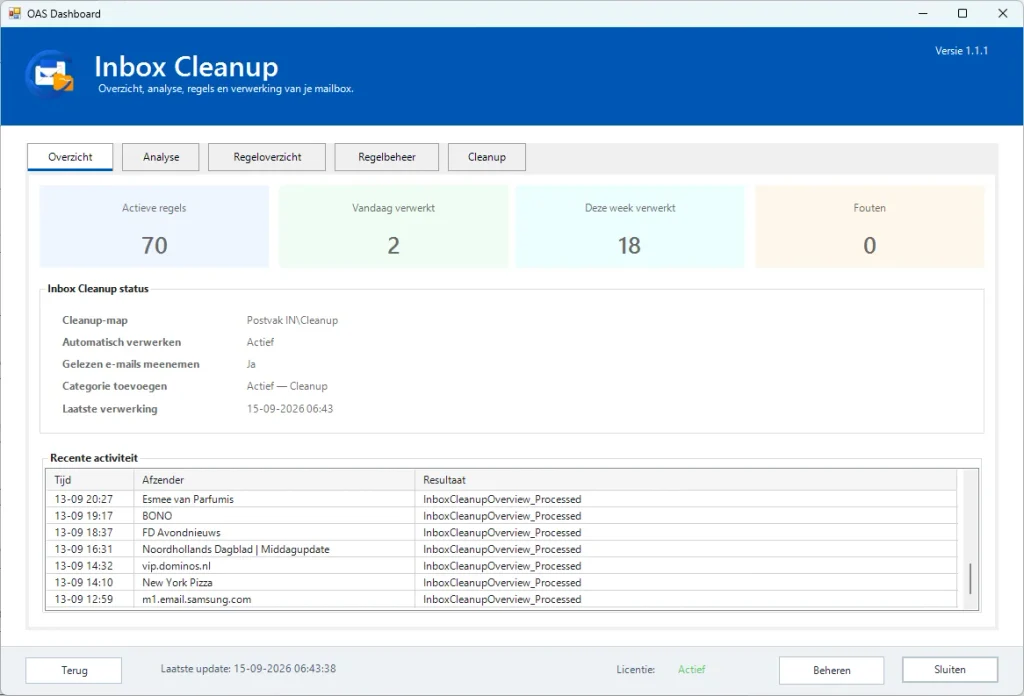 Outlook inbox automatisch opruimen met OAS Inbox Cleanup